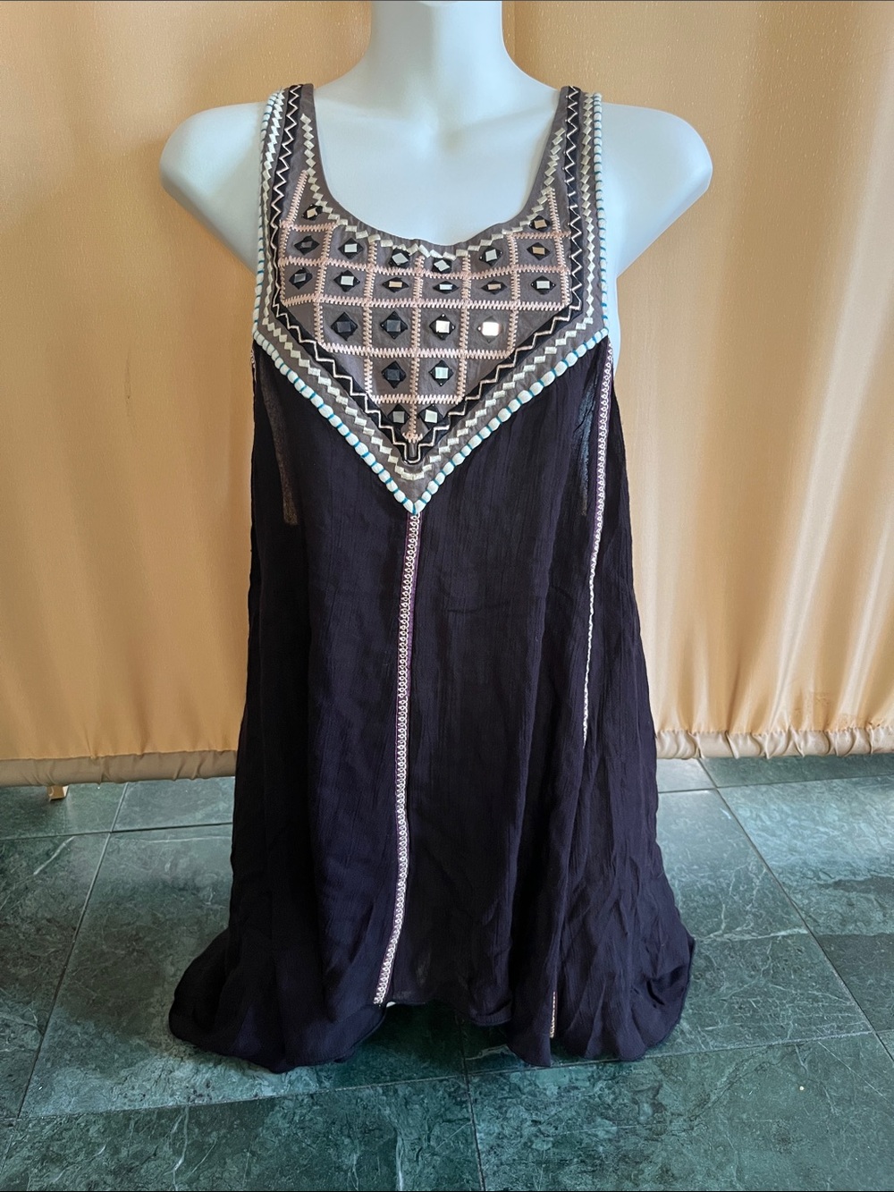 Free People Black Beaded Embellished Tank Top